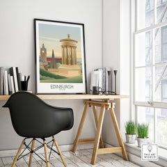 Edinburgh Wall Art Print displayed in stylish home office setting, featuring iconic landmarks and vintage design.