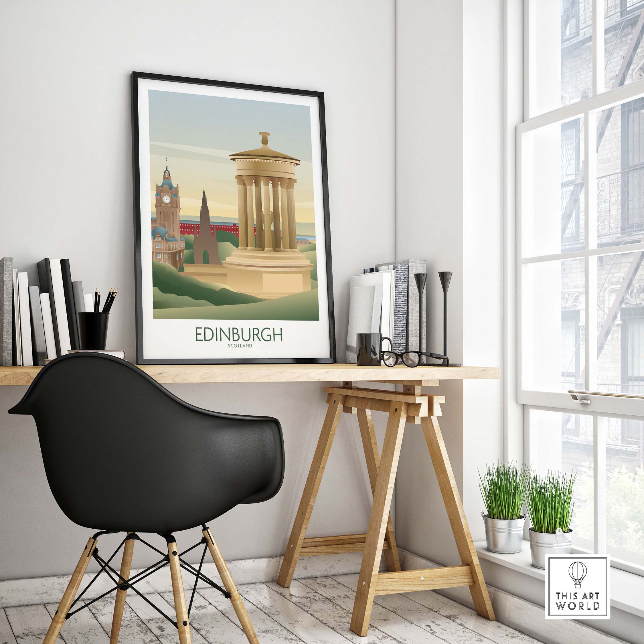 Edinburgh Wall Art Print displayed in stylish home office setting, featuring iconic landmarks and vintage design.