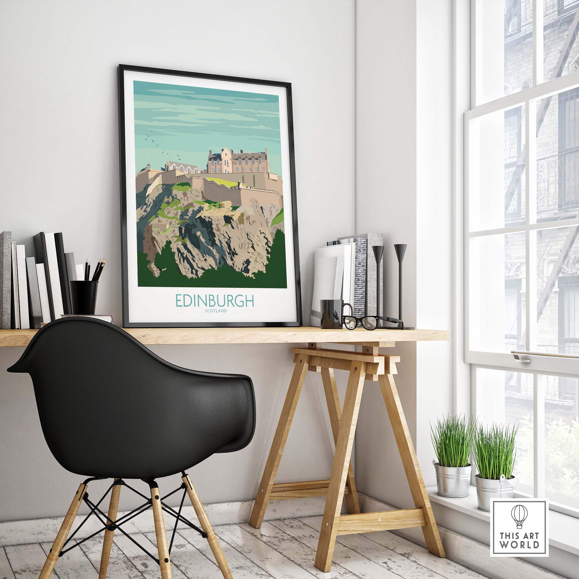 Edinburgh Print Scotland Travel Poster framed, showcasing a castle design in a stylish home office setting.