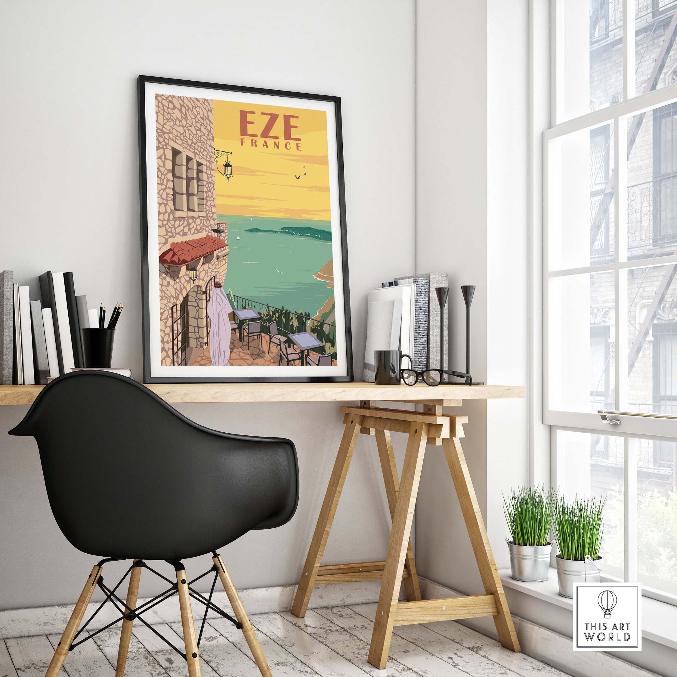 Eze France Poster Print Wall Art displayed in a bright office space with stylish desk and chair.