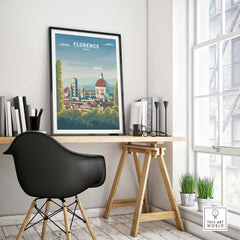 Framed Florence Wall Art Print in a modern office setting, showcasing iconic Italian landmarks.