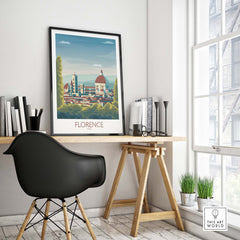 Florence Poster Italy Art Print displayed on a modern desk in a stylish home office setting.