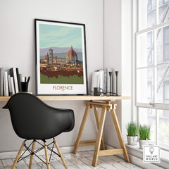 Florence Print Italy Travel Poster displayed in a stylish office setting, showcasing vintage travel art.