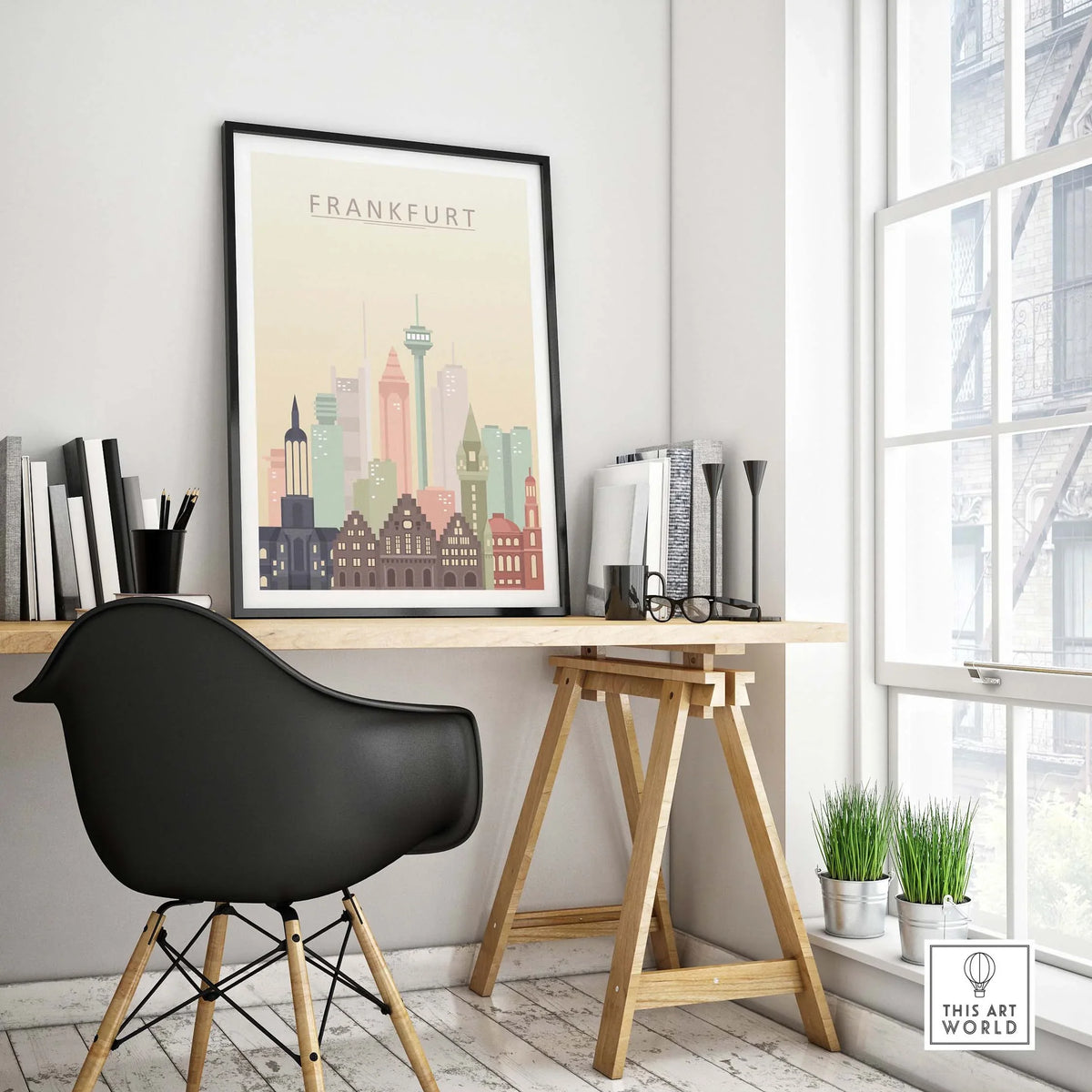 Frankfurt skyline print wall art in a stylish room with a modern desk and chair, showcasing pastel colors.