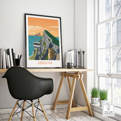 Gibraltar Travel Poster Art Print displayed in a stylish office setting, showcasing vintage travel art.