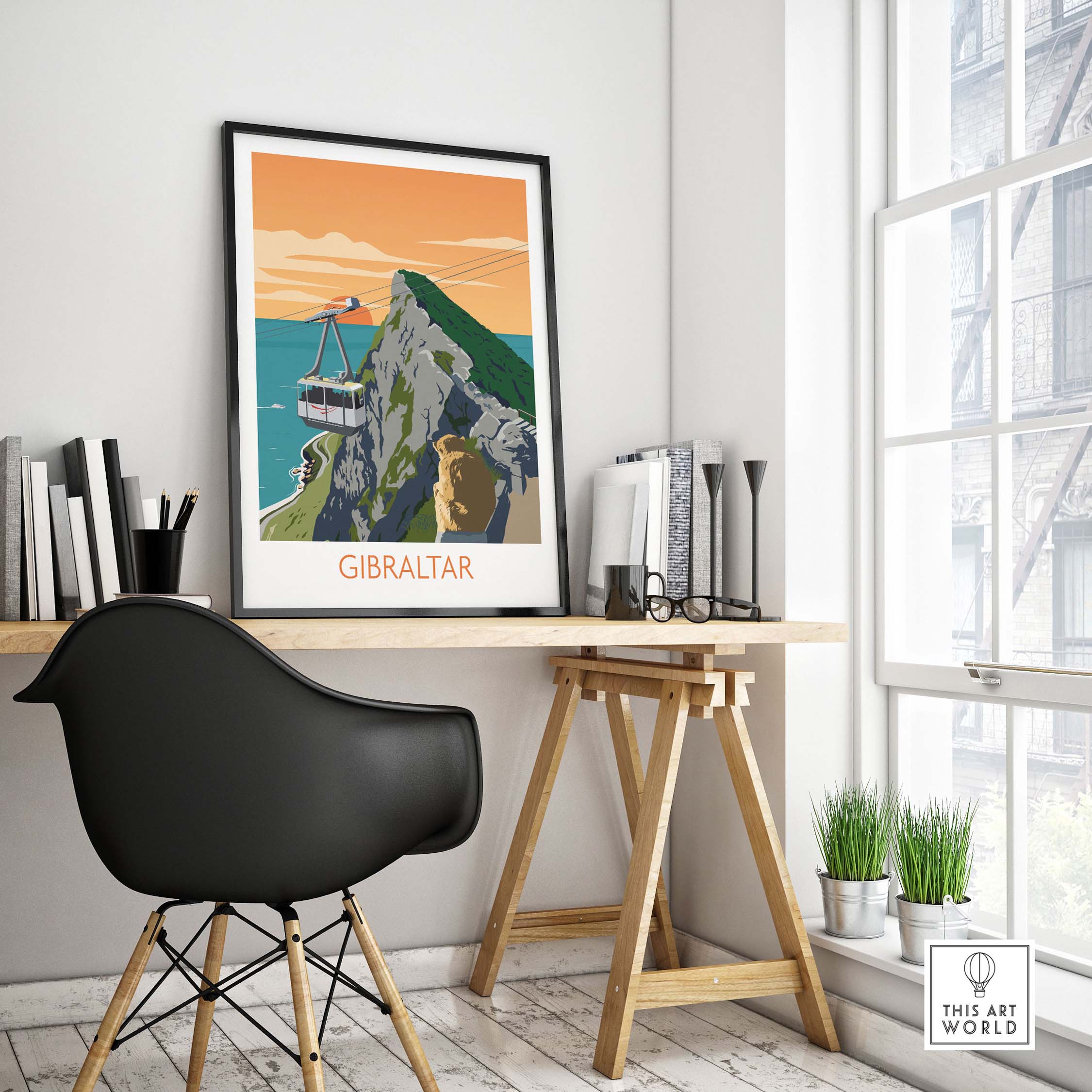 Gibraltar Travel Poster Art Print displayed in a stylish office setting, showcasing vintage travel art.
