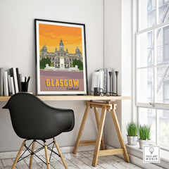 Glasgow poster print featuring vintage artwork of Scottish cityscape, displayed in a modern office setting.
