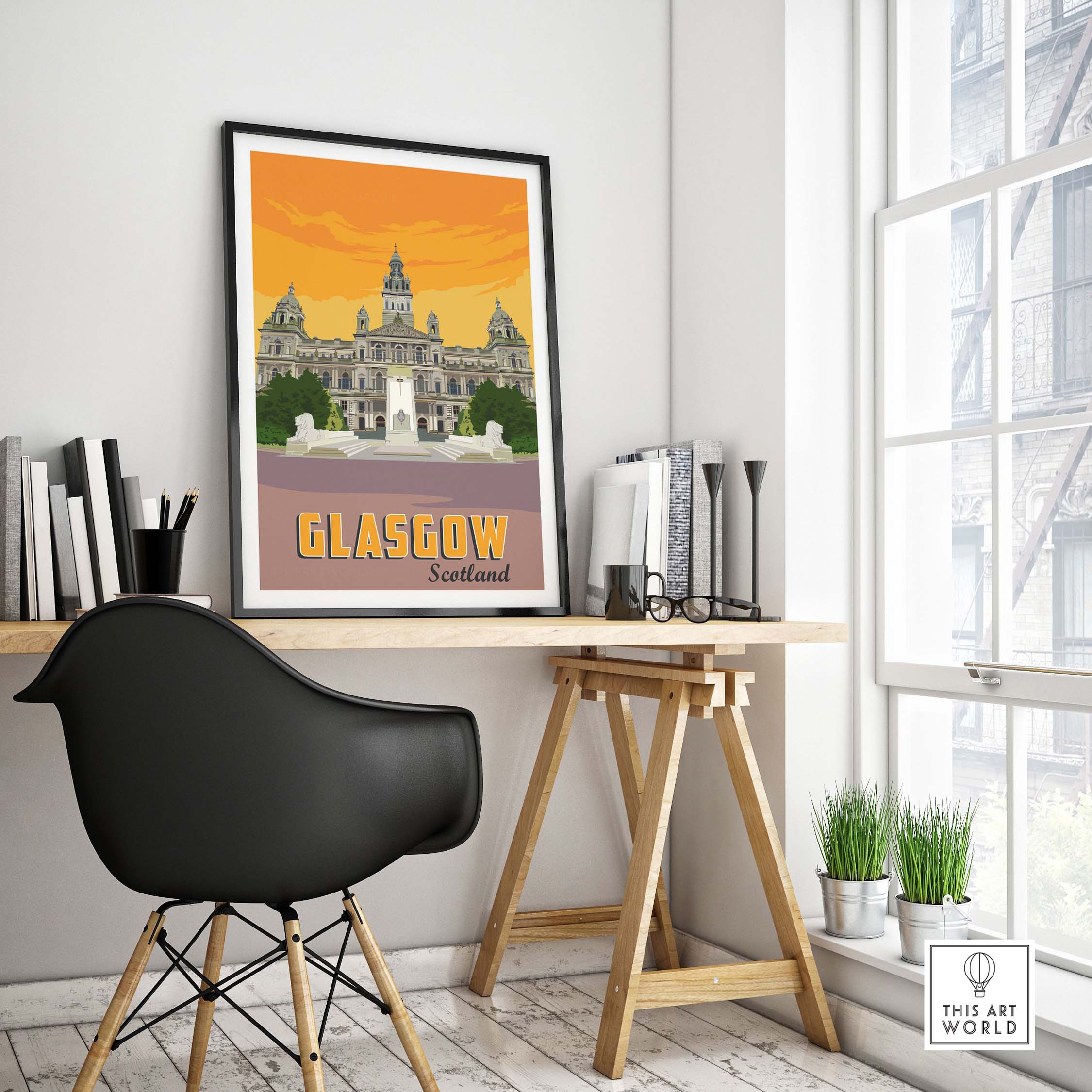 Glasgow poster print featuring vintage artwork of Scottish cityscape, displayed in a modern office setting.