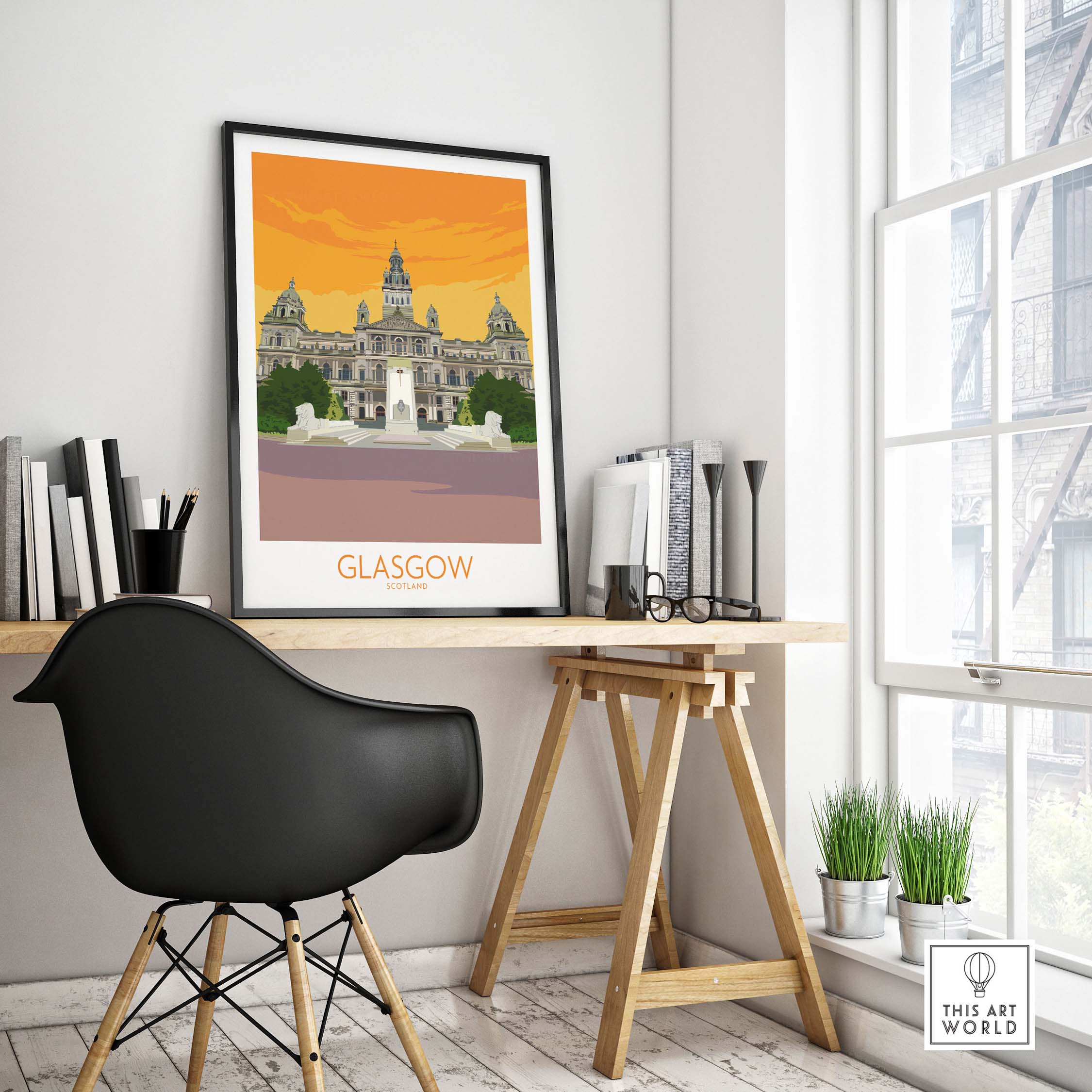 Glasgow Travel Poster Art Print displayed in a stylish home office setting with modern decor.