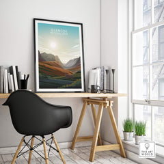 Glencoe National Park poster displayed in a stylish home office setting with natural light.