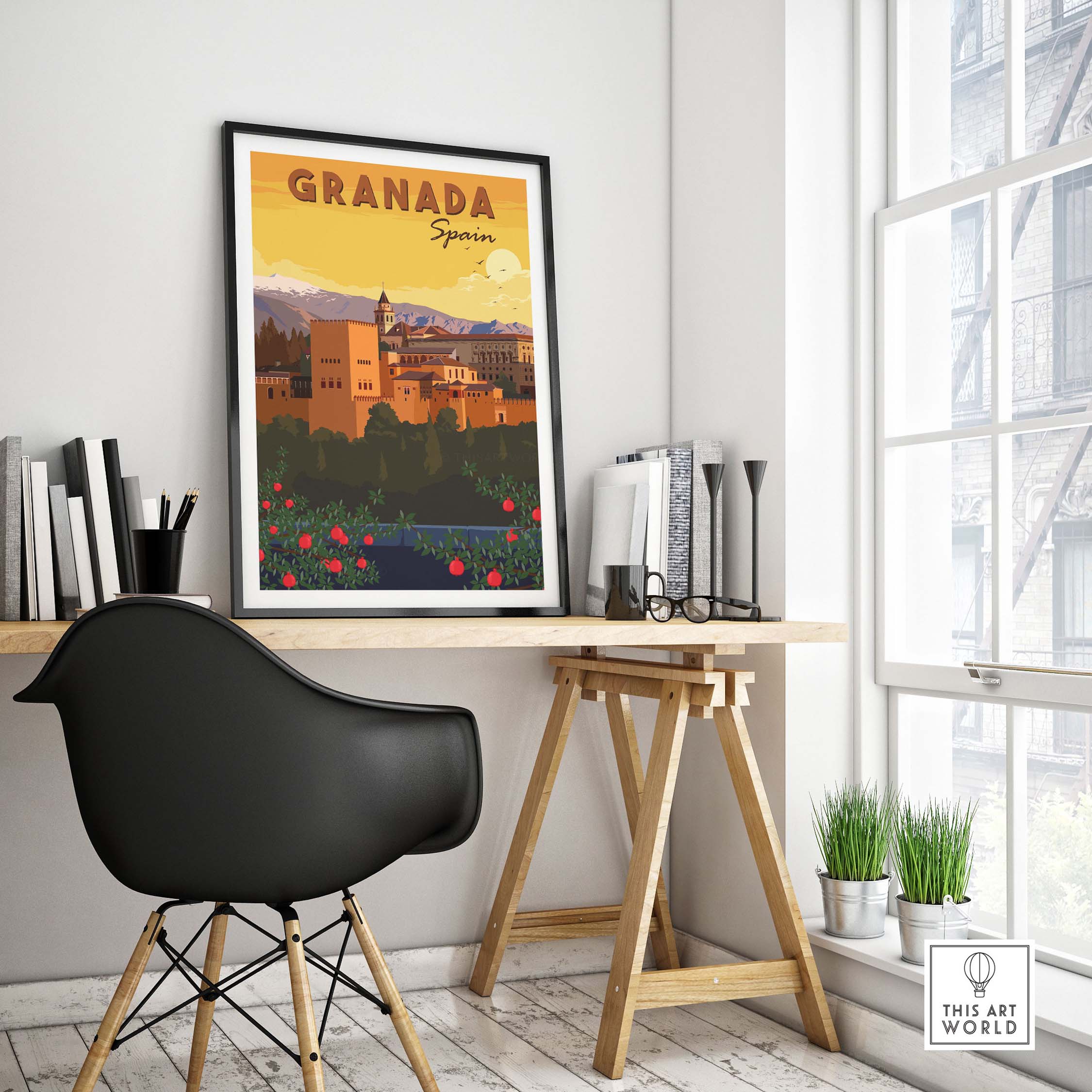 Granada Wall Art Print showcasing a vintage design of Spain's Alhambra, perfect for travel-inspired home decor.