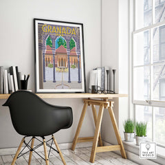Granada Poster Spain Print displayed on a stylish desk in a modern office setting.