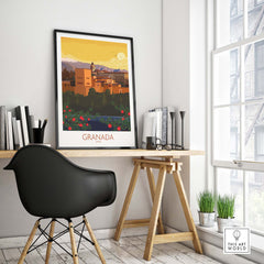 Granada Poster Print showcasing a minimalist vintage travel design in a modern office setting.