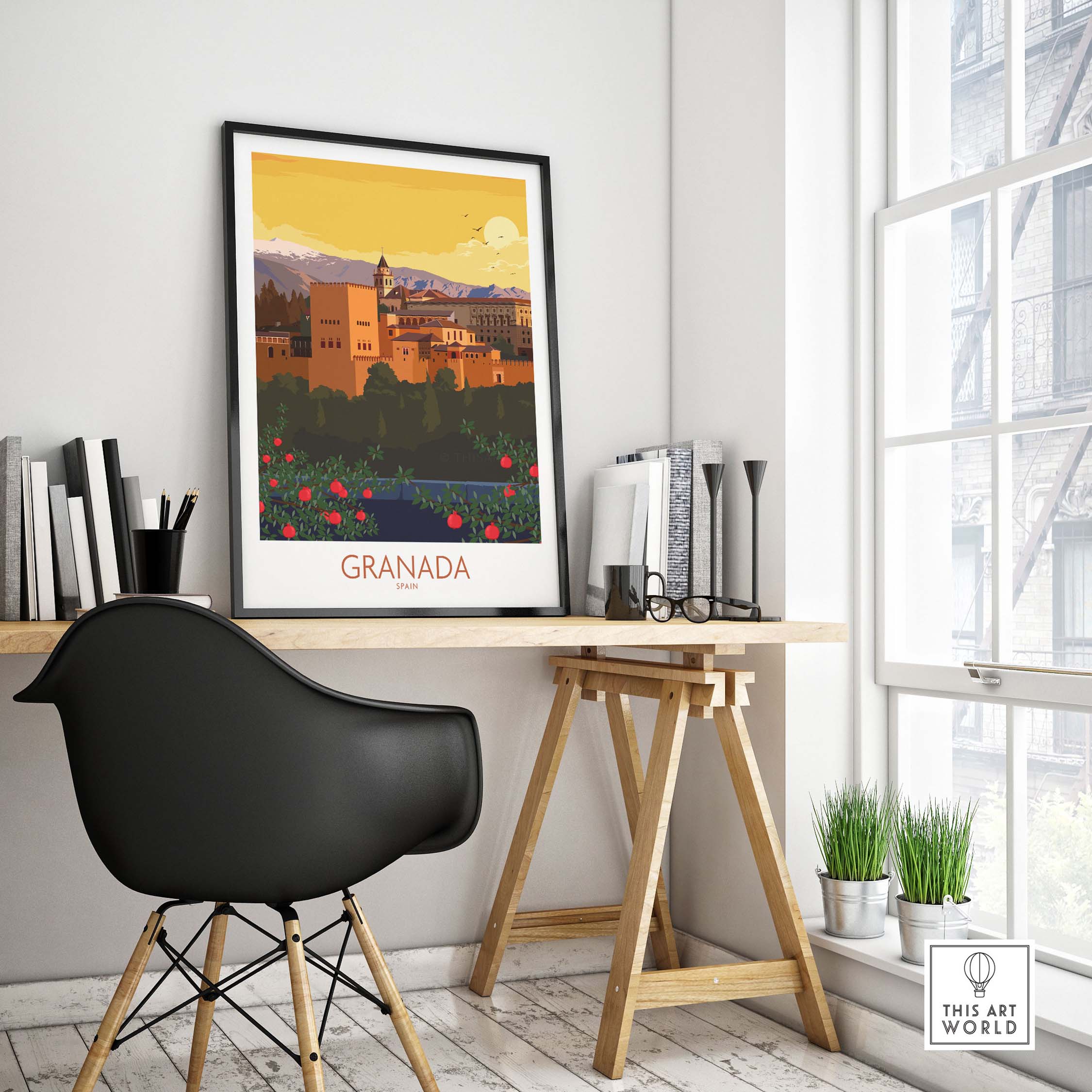 Granada Poster Print showcasing a minimalist vintage travel design in a modern office setting.