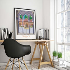 Granada Spain poster print displayed in a bright home office setting with a stylish black chair.
