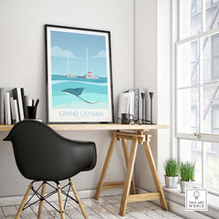 Grand Cayman art print poster displayed in a stylish home office setting with a black chair and plants.