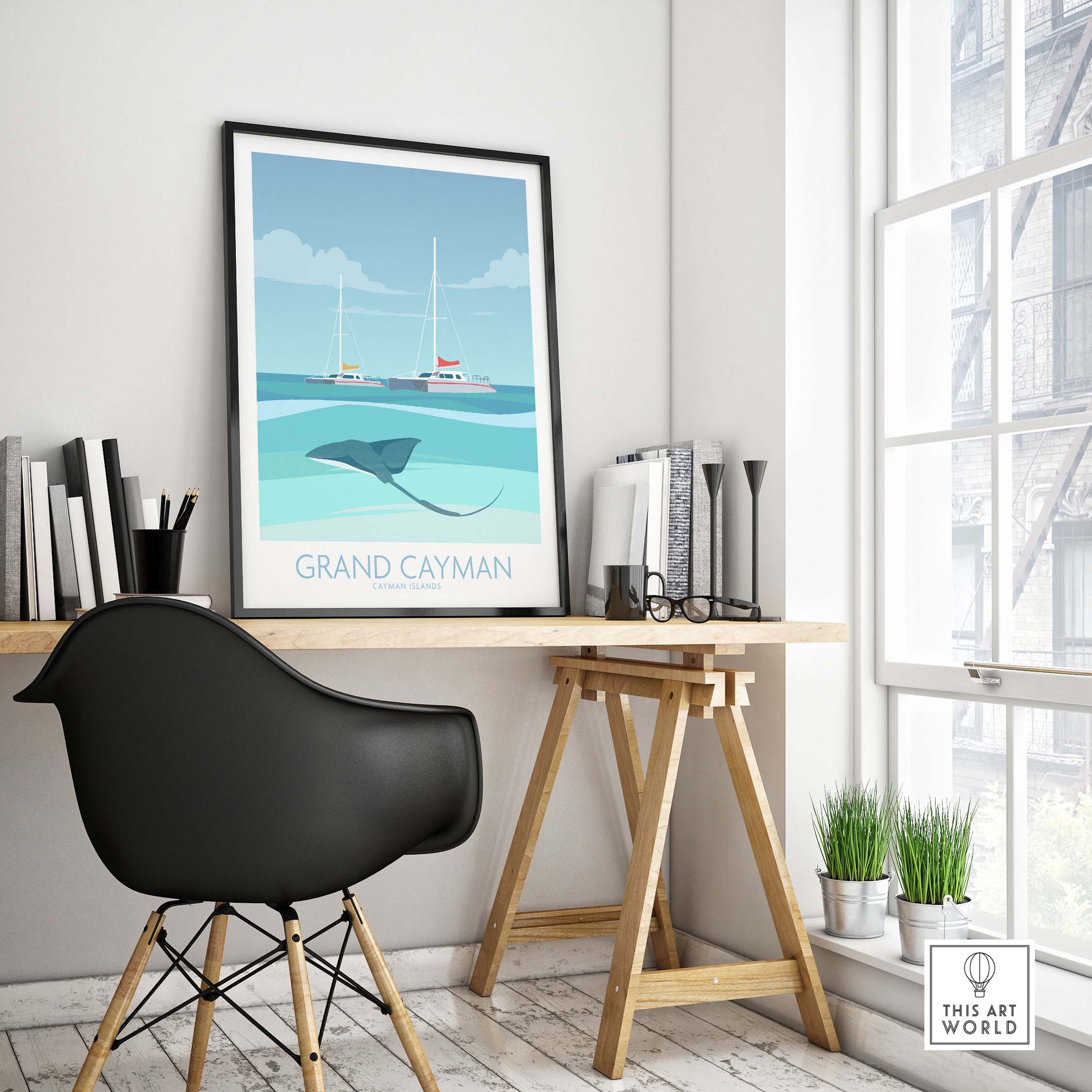 Grand Cayman art print poster displayed in a stylish home office setting with a black chair and plants.
