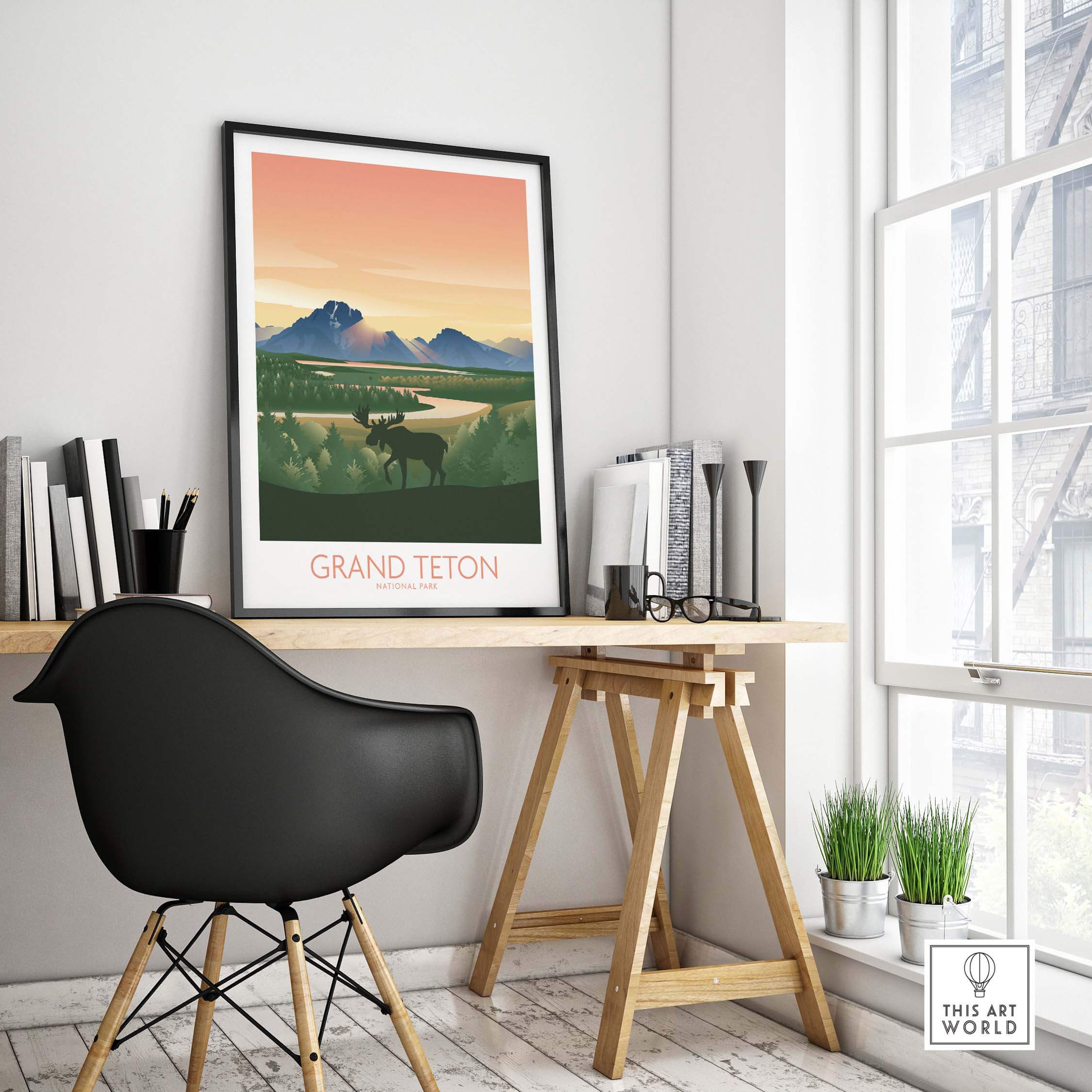 Framed Grand Teton National Park art print in a stylish office setting with a modern chair and serene view.