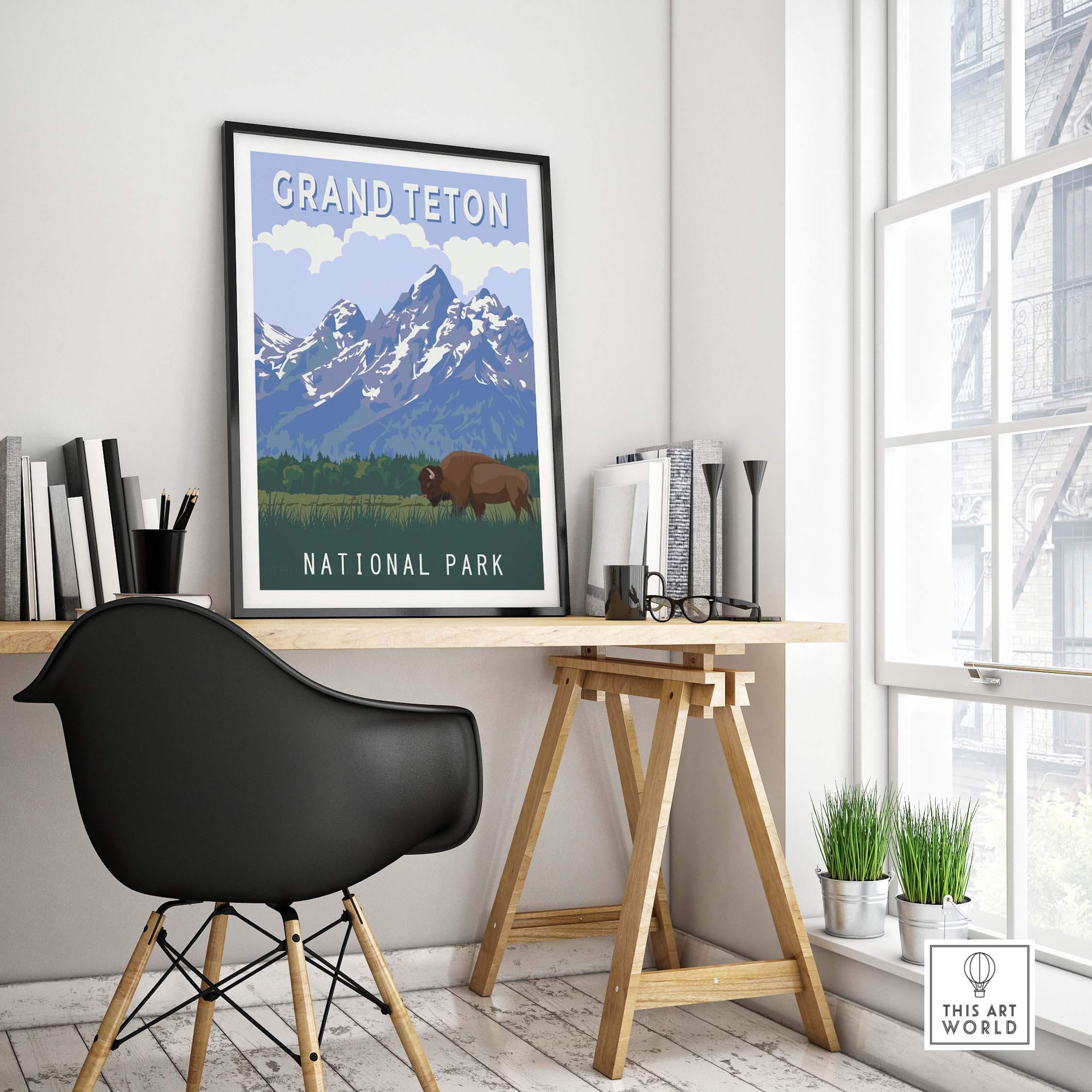 Grand Teton National Park wall art print framed in a modern office space with mountaineering theme.