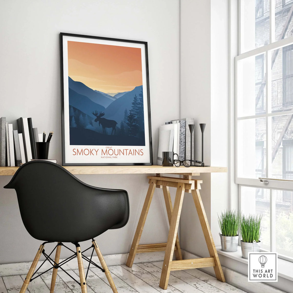 Smoky Mountains National Park art print on a desk in a modern office, showcasing a minimalist nature design.