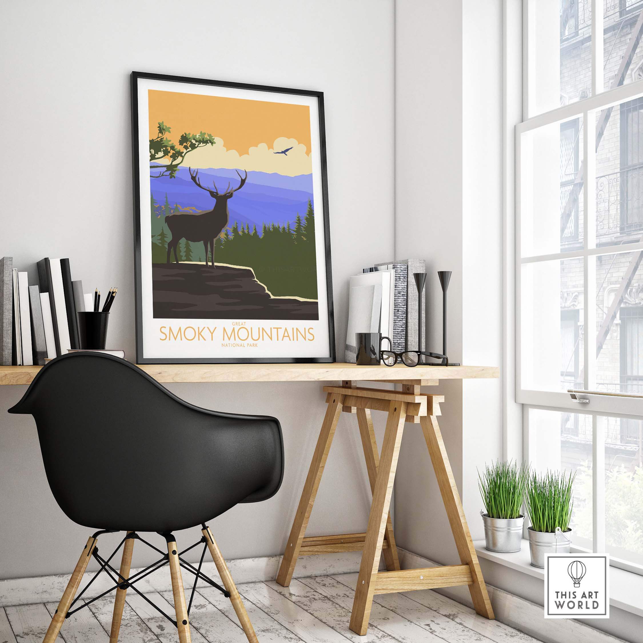 Great Smoky Mountains vintage poster displayed in a contemporary home office with natural light.