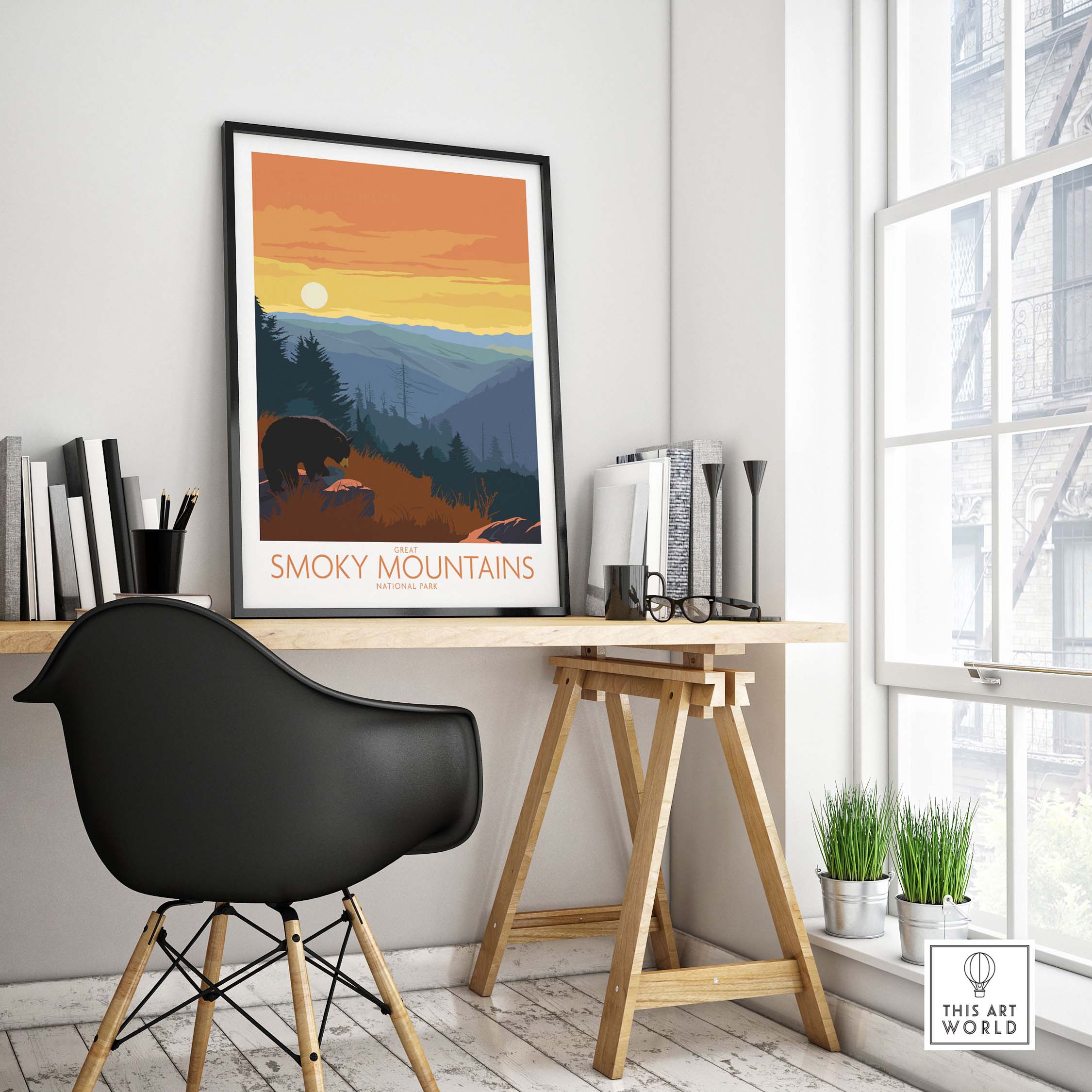 Smoky Mountains poster print displayed in a stylish office setting, evoking wanderlust and outdoor adventure.