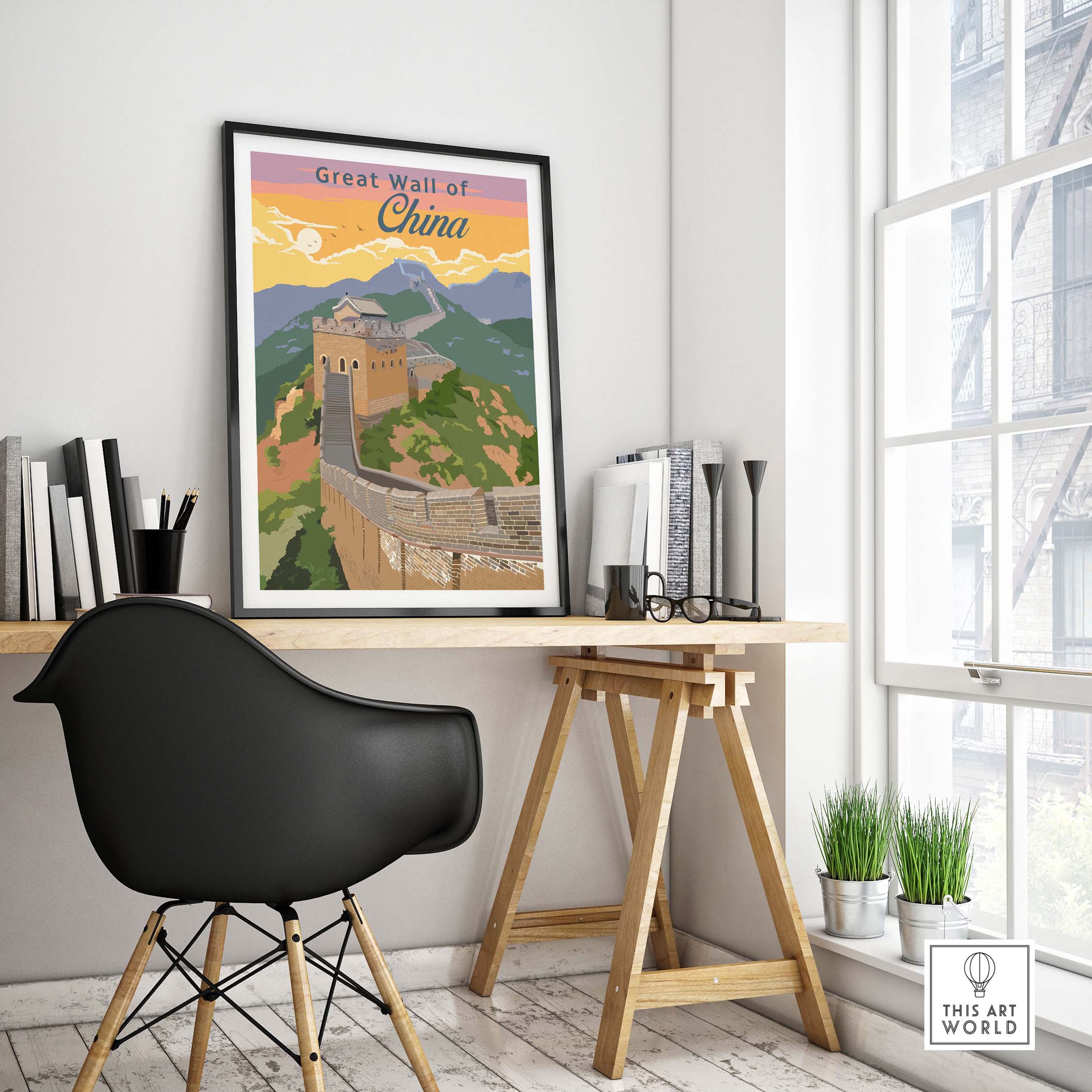 Great Wall of China poster print showcasing vintage travel art in a stylish home office setting.