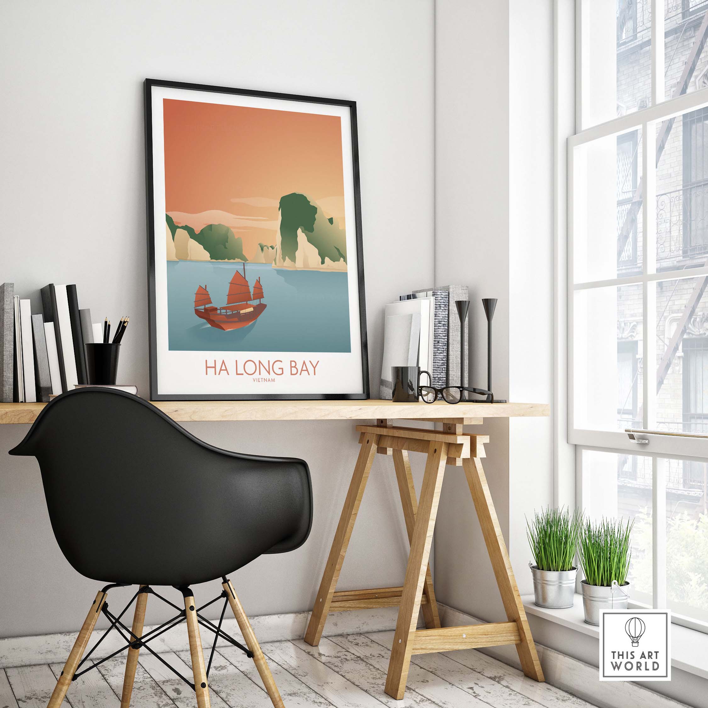 Ha Long Bay Wall Art Vietnam Print displayed in a stylish home office, showcasing vintage travel poster style.