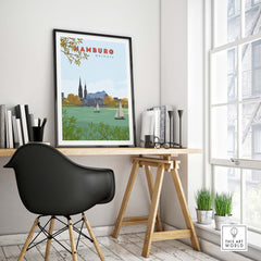 Vintage Hamburg poster print displayed in a minimalist workspace, showcasing Germany's scenic landscape.