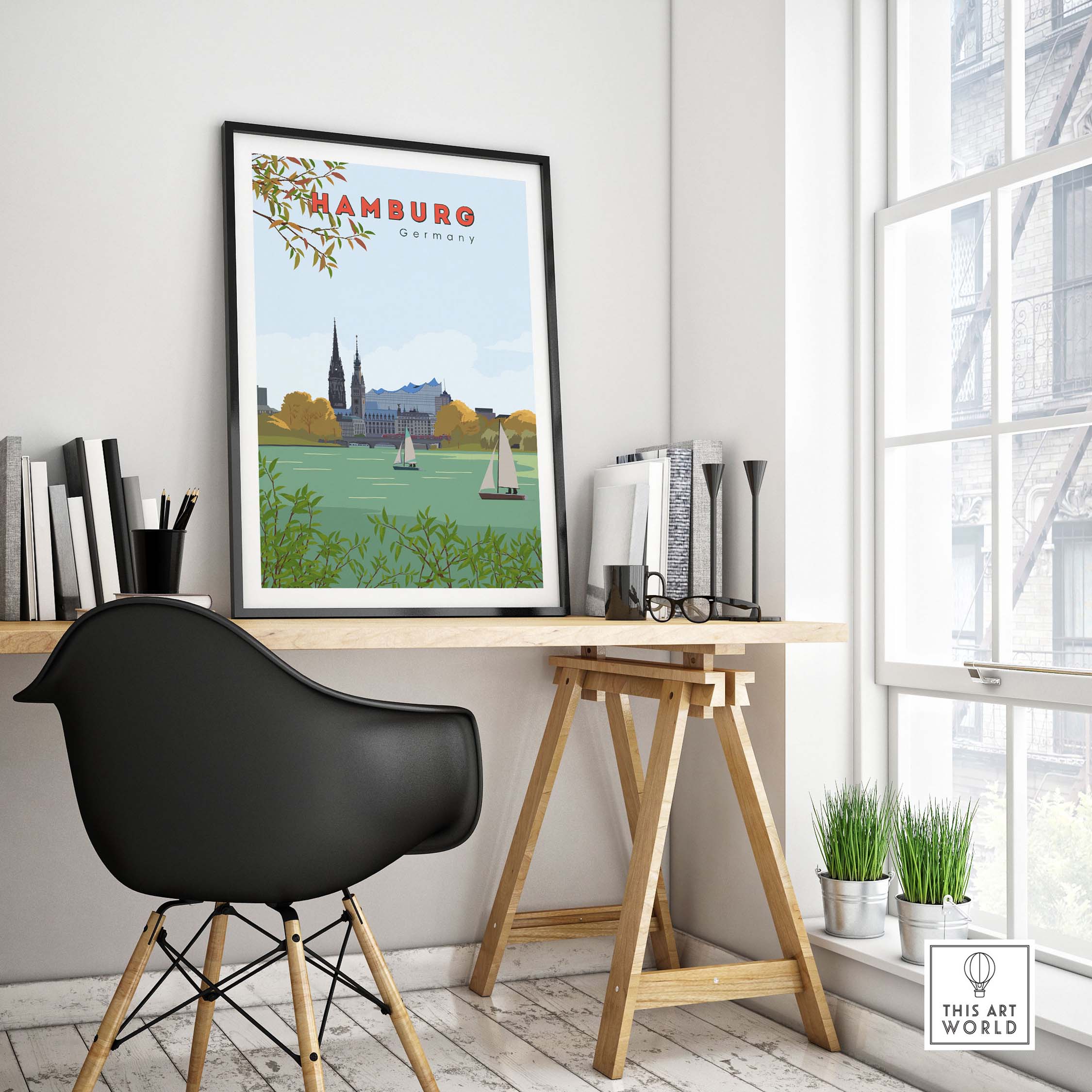 Vintage Hamburg poster print displayed in a minimalist workspace, showcasing Germany's scenic landscape.