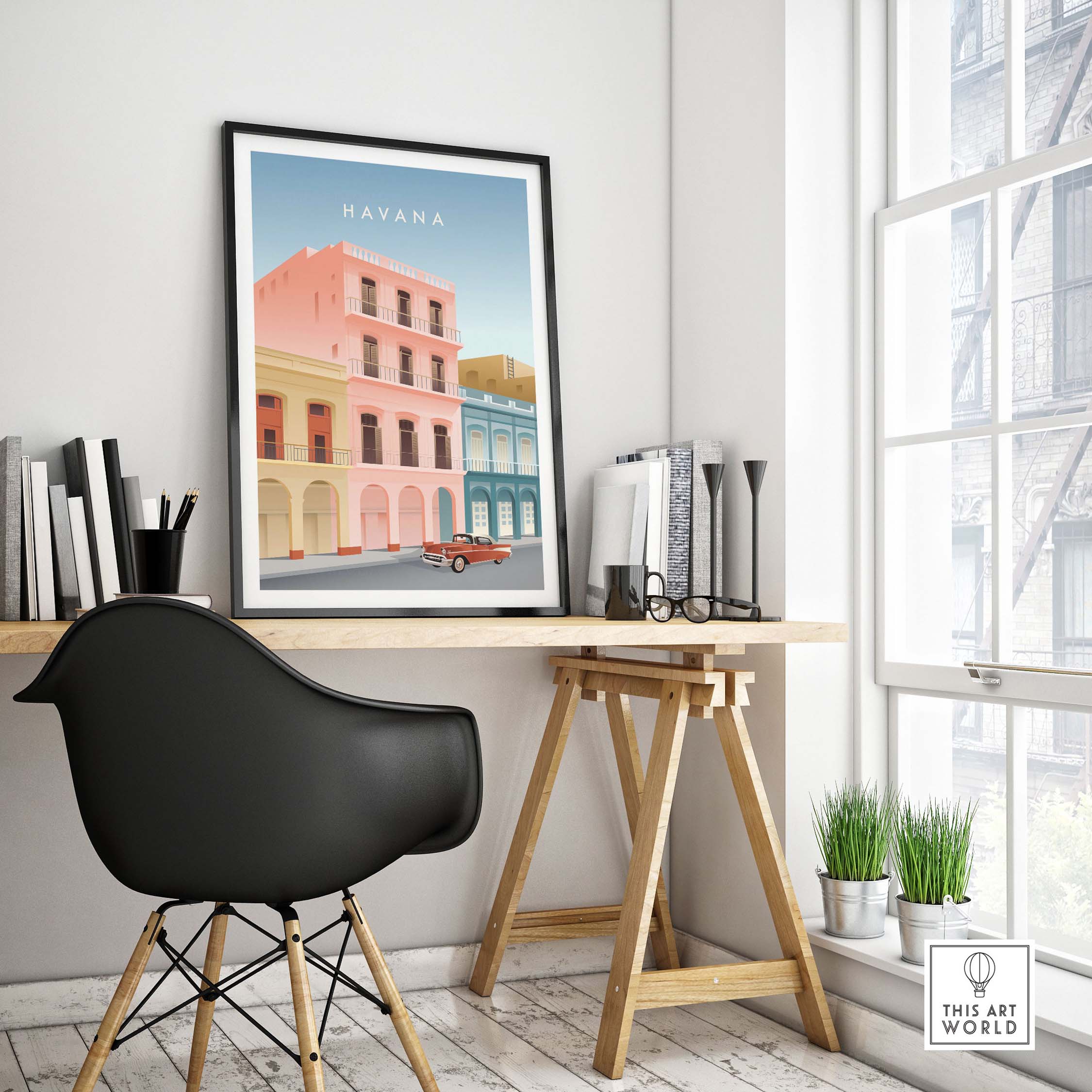 Stylish Havana Wall Art Poster displayed in a modern workspace, featuring vintage Cuba architecture and a classic car.