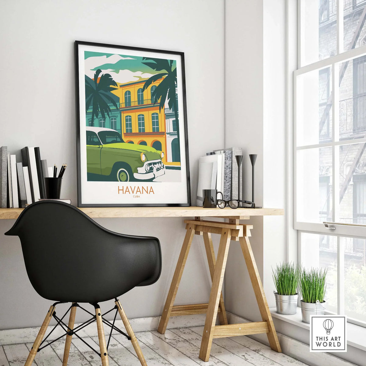 Havana Cuba poster print displayed in a stylish office with vintage car and tropical scenery, perfect for travel enthusiasts.