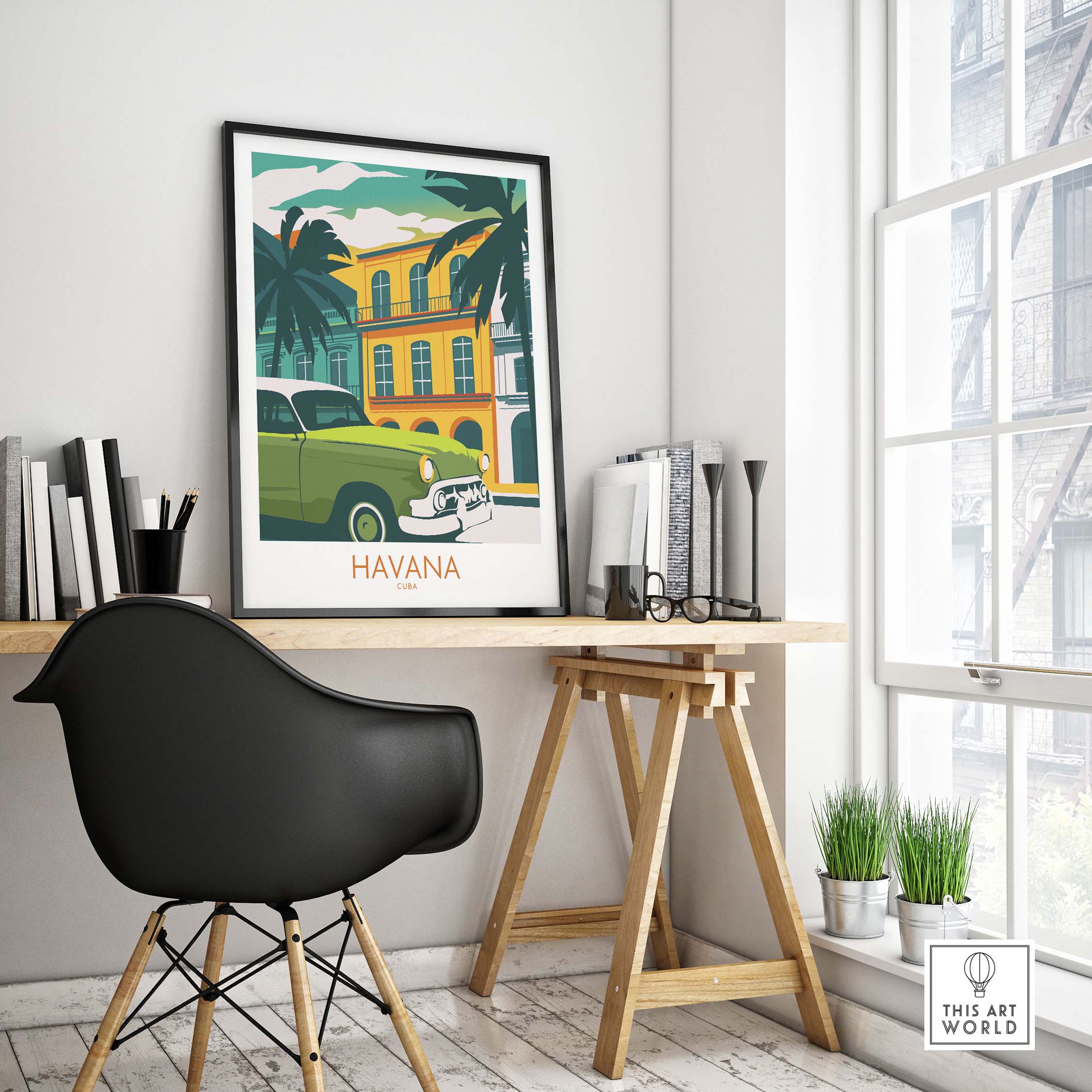 Havana Cuba poster print displayed in a stylish office with vintage car and tropical scenery, perfect for travel enthusiasts.