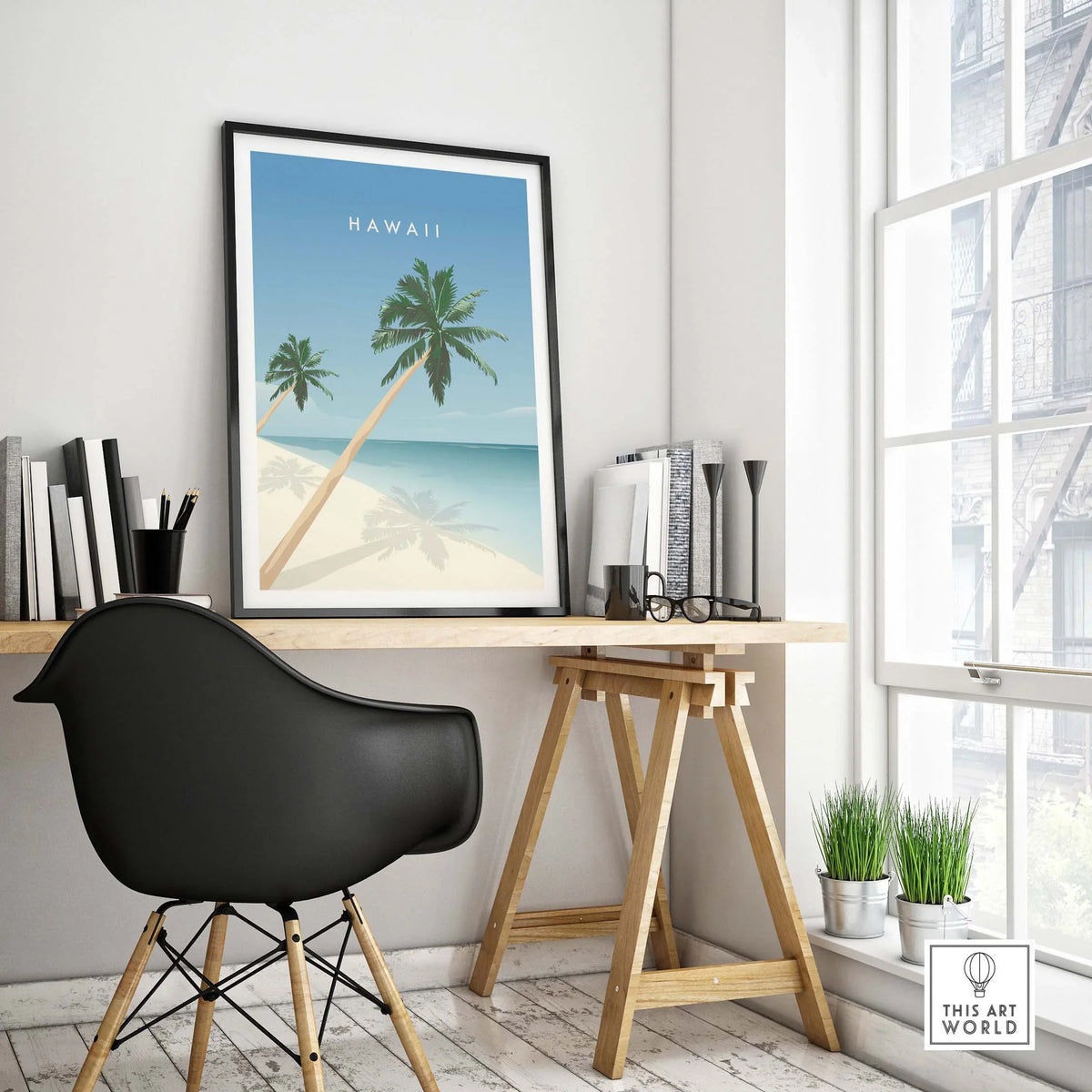 Hawaii Wall Art Poster featuring palm trees and beach, perfect for adding a tropical vibe to your home or office.