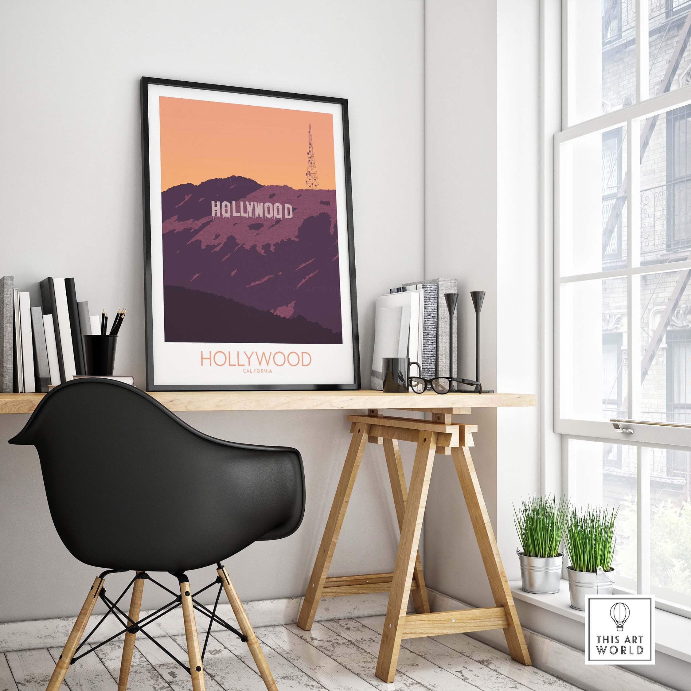 Hollywood Print California Poster on a workspace wall, inspired by vintage travel art featuring the iconic Hollywood sign.