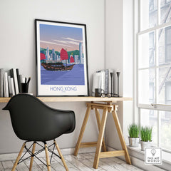 Minimalist Hong Kong travel poster in modern office setting, showcasing iconic skyline and boat.