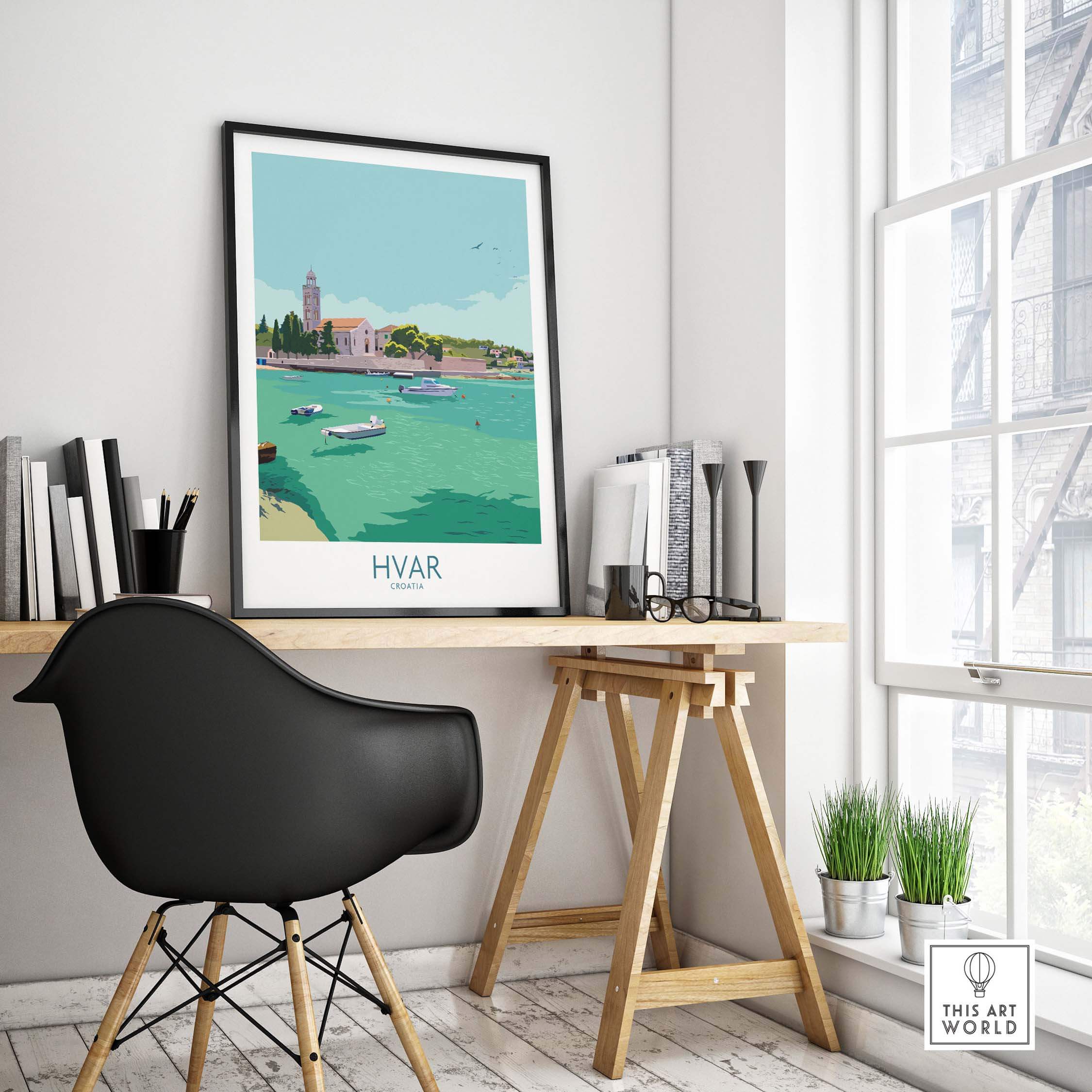 Hvar print travel poster showcasing boats and coastal scenery, perfect for stylish home or office decor.