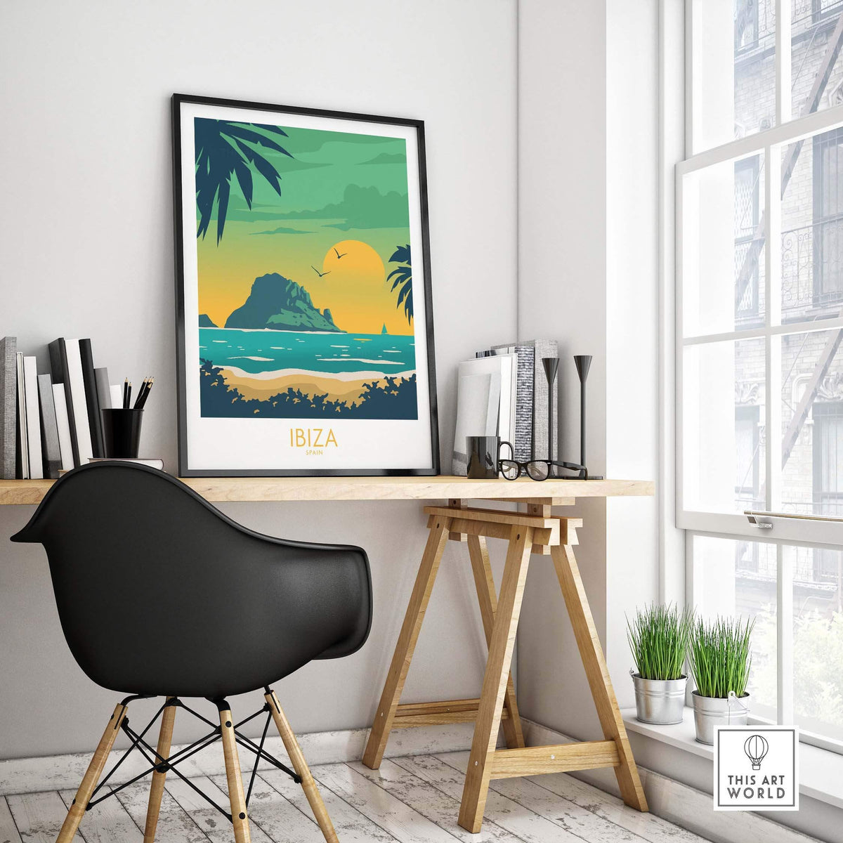 Ibiza print travel poster displayed in a modern office setting, showcasing tropical beach scenery and vintage design.