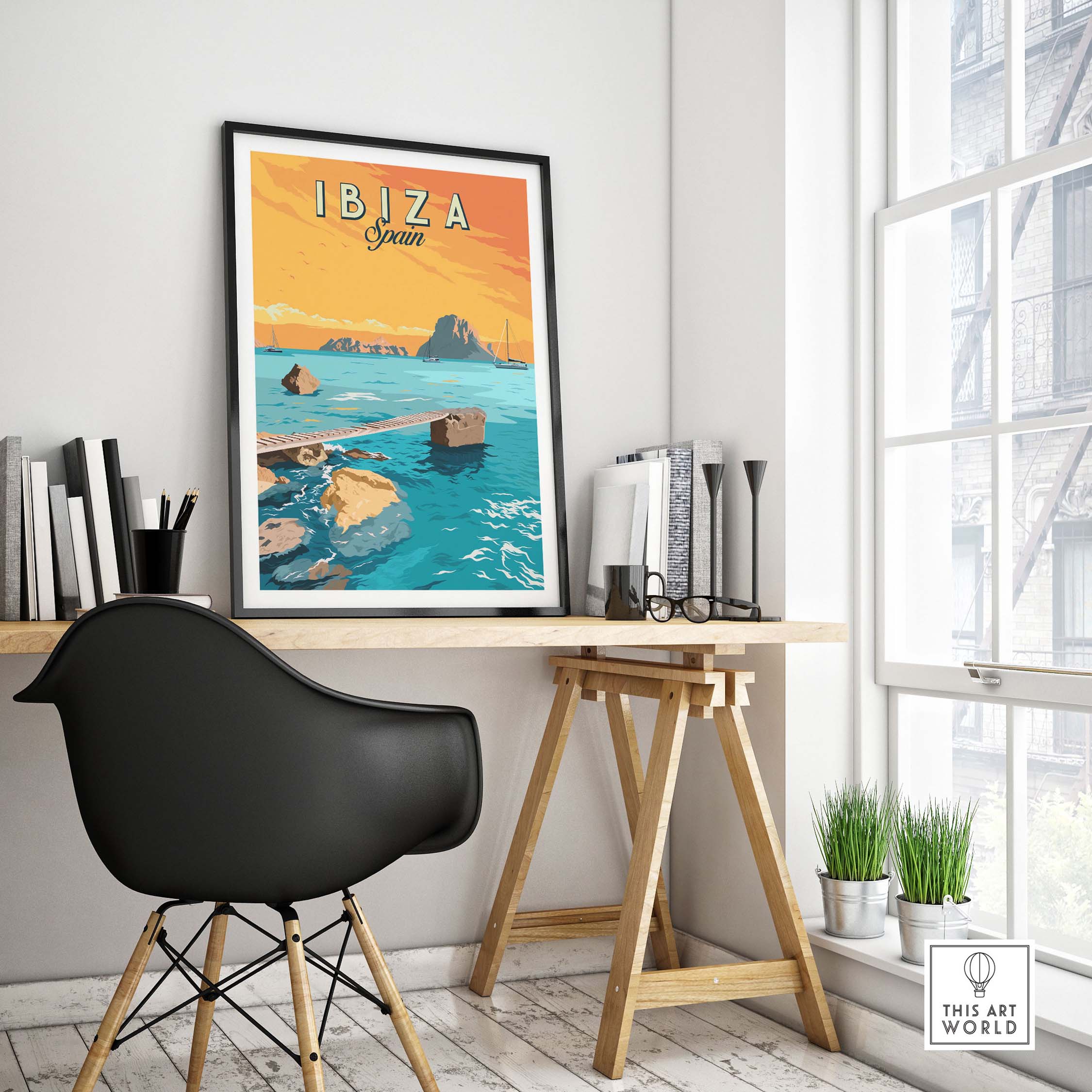 Ibiza Print Spain sunset poster displayed in a stylish home office with modern decor.