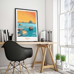 Ibiza Poster Island Wall Art displayed in a stylish office setting, showcasing a vibrant coastal landscape.