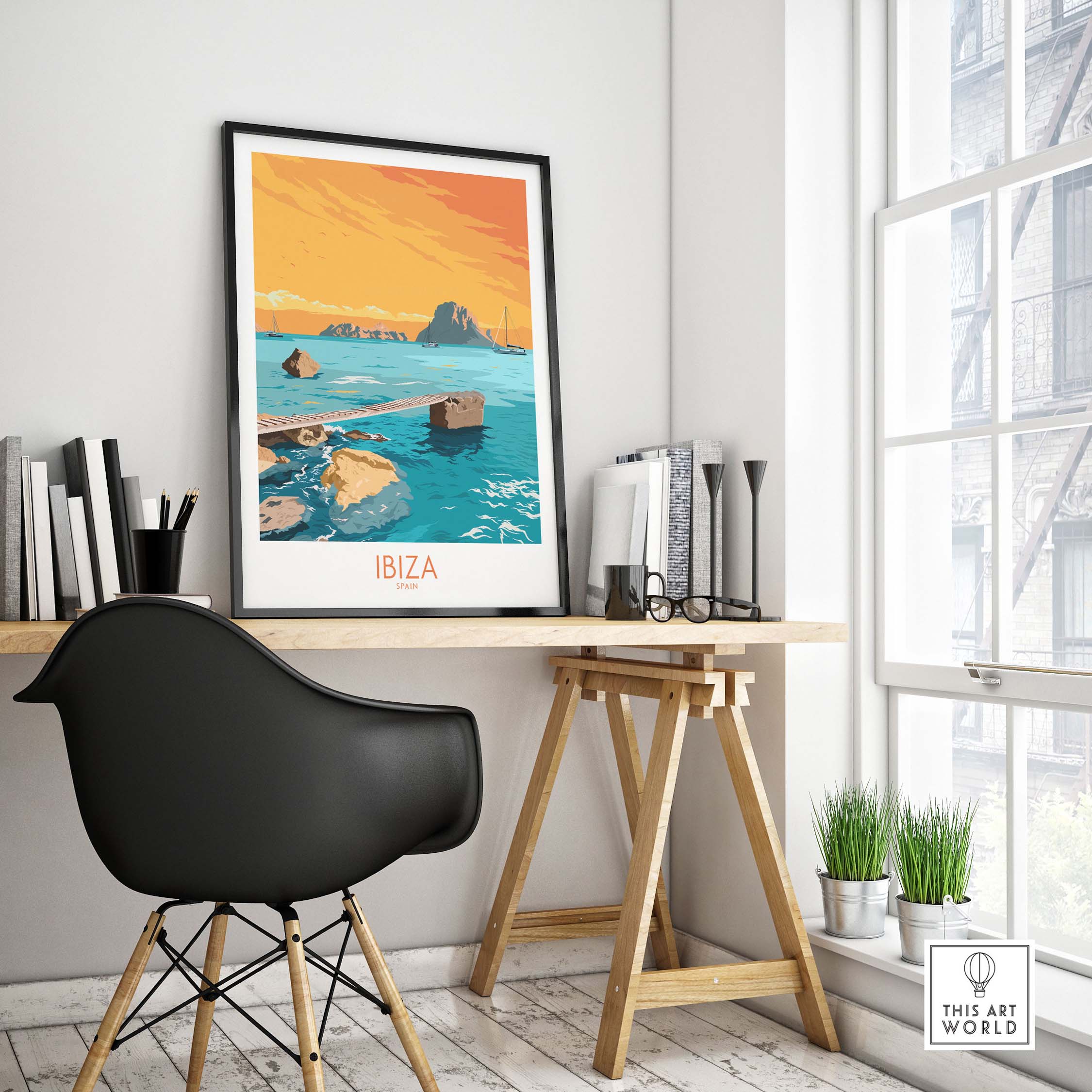 Ibiza Poster Island Wall Art displayed in a stylish office setting, showcasing a vibrant coastal landscape.
