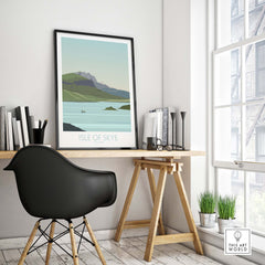 Isle of Skye poster displayed in a modern office setting, showcasing scenic landscape and travel vibes.