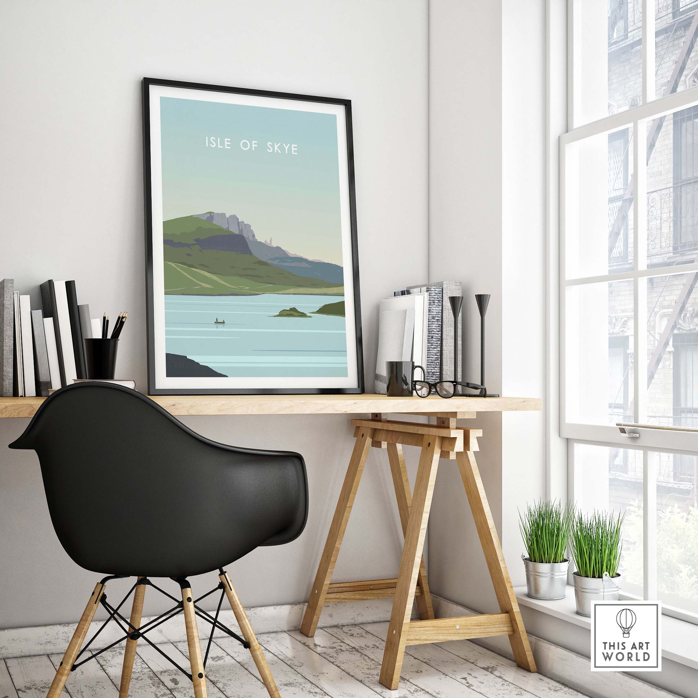 Isle of Skye poster print displayed in a modern office setting with stylish decor and natural light.