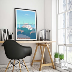 Istanbul Print Wall Art Poster featuring Sultan Ahmed's Blue Mosque in a stylish office setting.