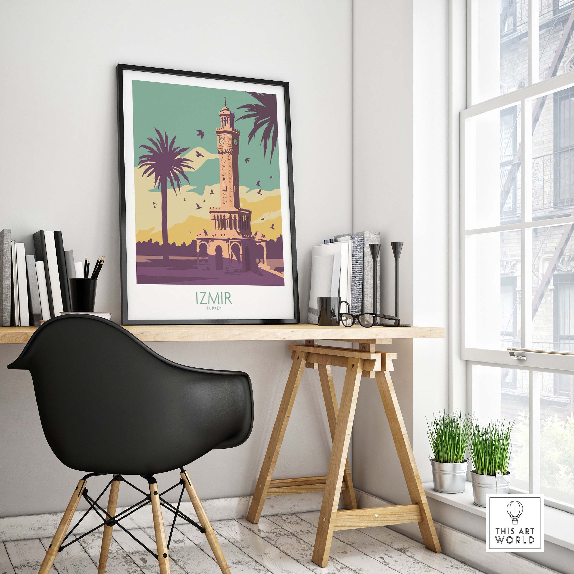 Izmir Poster Turkey Wall Art displayed on a stylish desk with a black chair, featuring palm trees and a tower in vintage style.