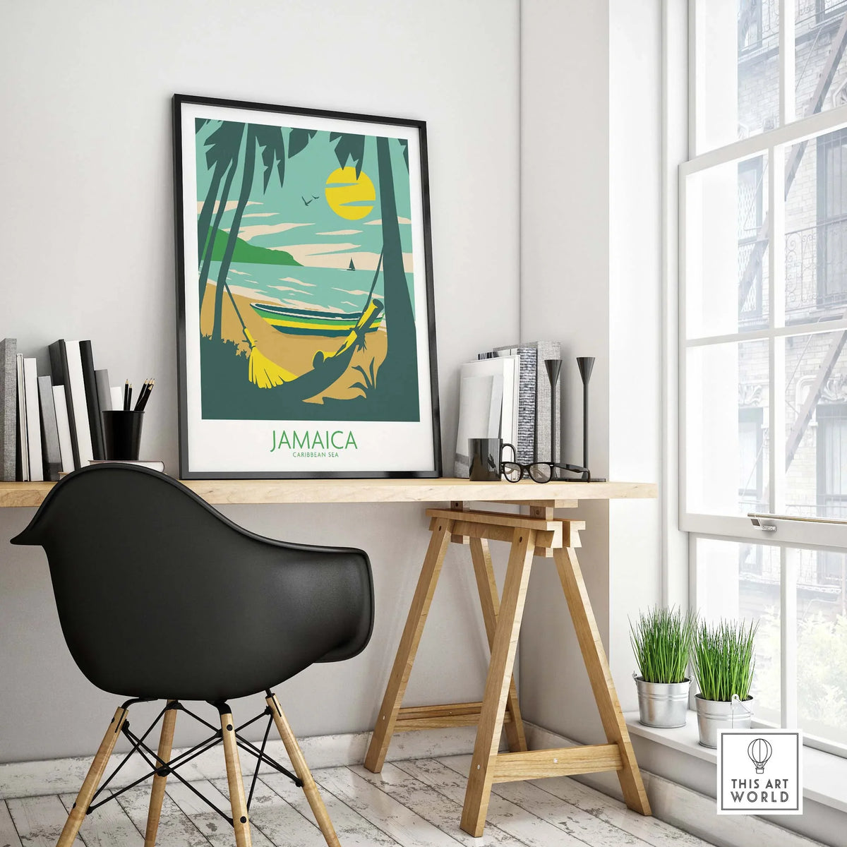 Jamaica Retro travel poster in stylish home office setting, featuring palm trees and sunset.