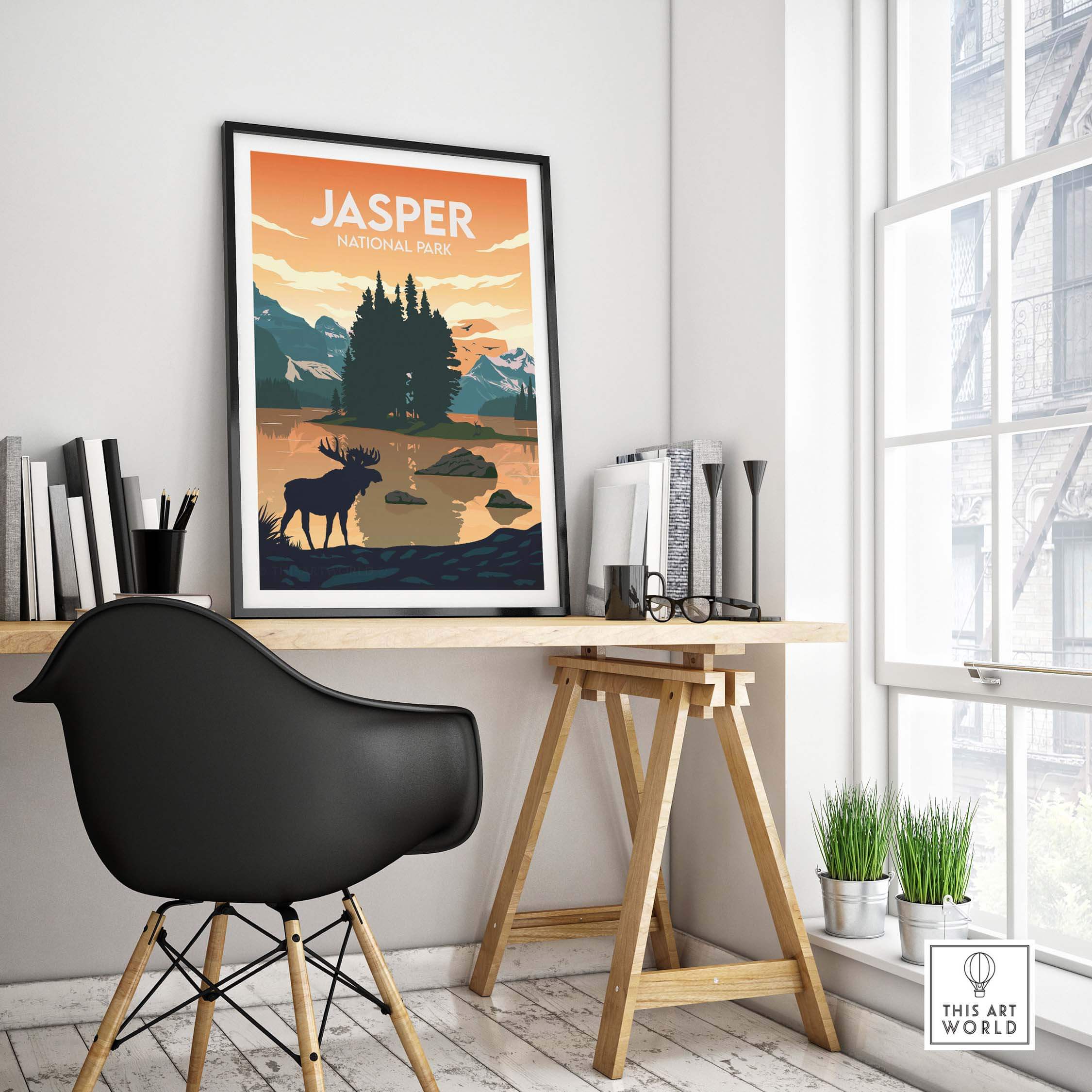 Jasper National Park poster displayed in a modern office setting, featuring minimalist design and vibrant colors.