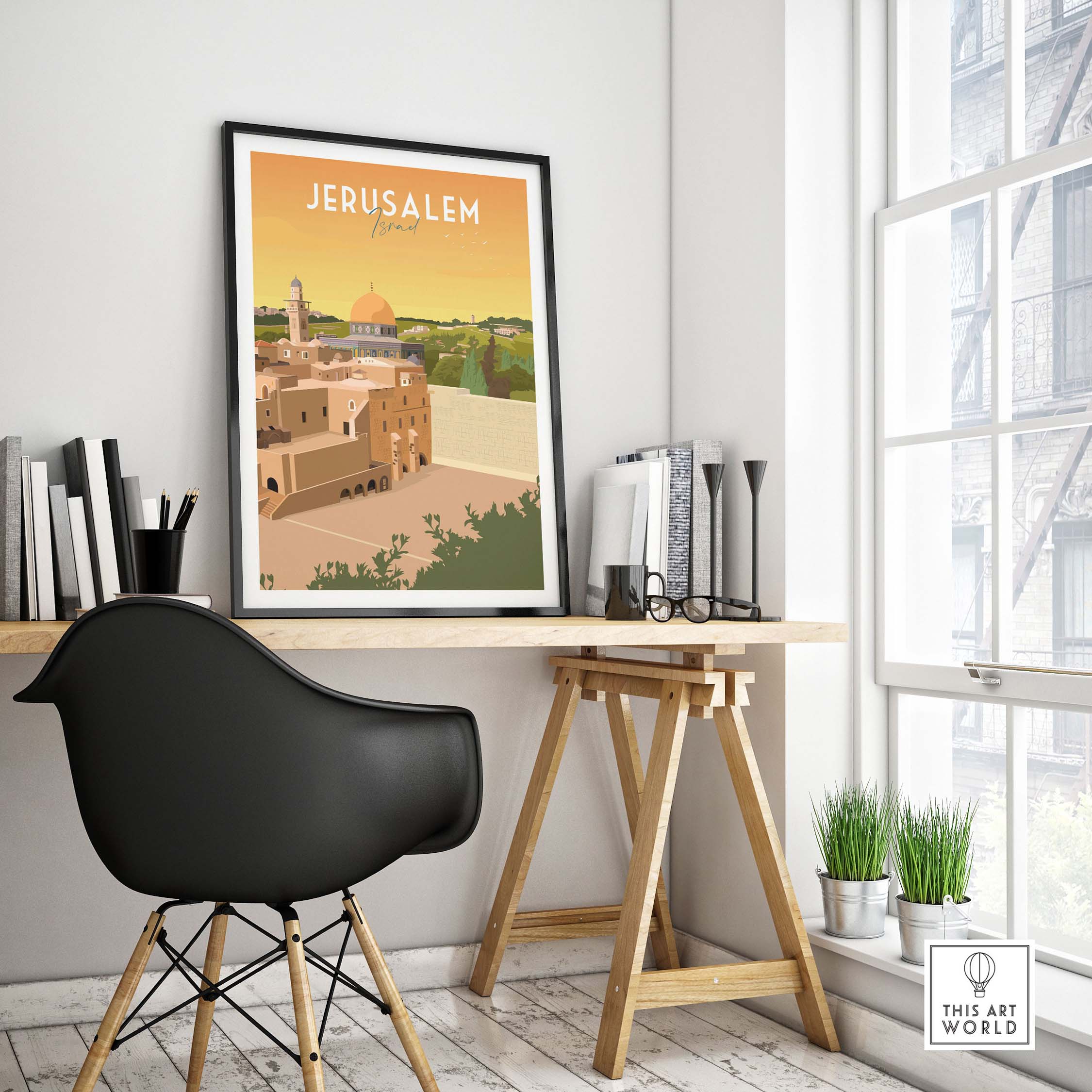 Jerusalem Print artwork displayed in a minimalist office setting, inspired by vintage travel posters.
