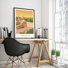 Stylish Jerusalem Wall Art Poster featured in a modern workspace, evoking travel nostalgia and minimalist design.