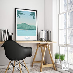 Kauai Print Hawaii Island Beach Poster displayed in a stylish office setting with modern decor.